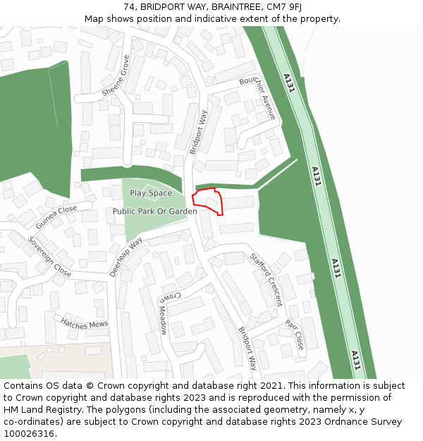 74, BRIDPORT WAY, BRAINTREE, CM7 9FJ: Location map and indicative extent of plot