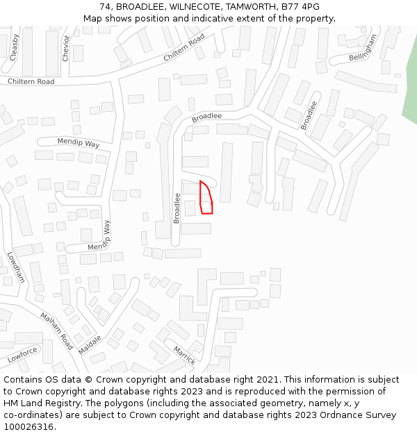 74, BROADLEE, WILNECOTE, TAMWORTH, B77 4PG: Location map and indicative extent of plot