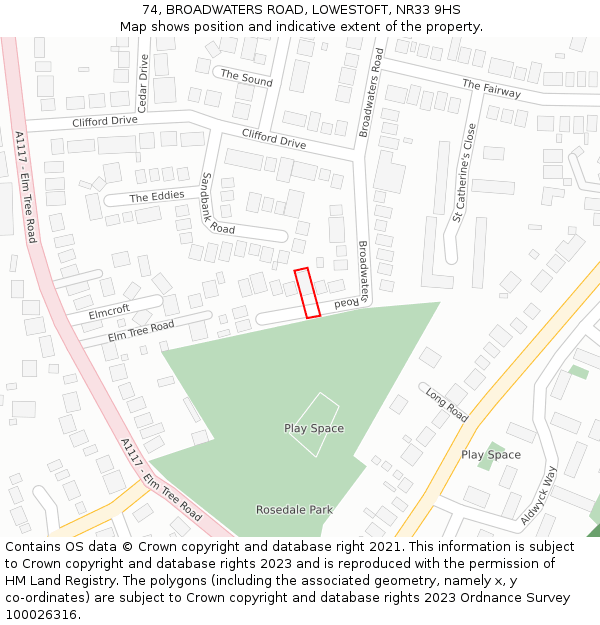 74, BROADWATERS ROAD, LOWESTOFT, NR33 9HS: Location map and indicative extent of plot