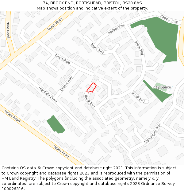 74, BROCK END, PORTISHEAD, BRISTOL, BS20 8AS: Location map and indicative extent of plot