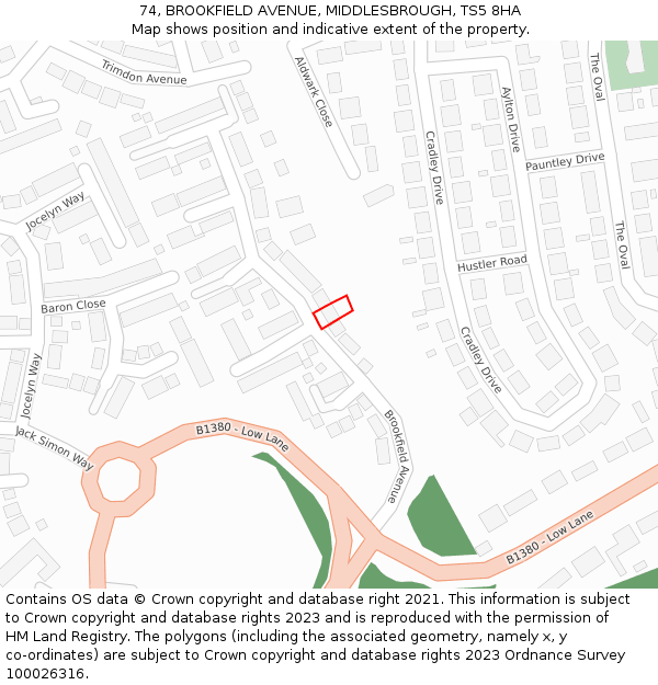 74, BROOKFIELD AVENUE, MIDDLESBROUGH, TS5 8HA: Location map and indicative extent of plot