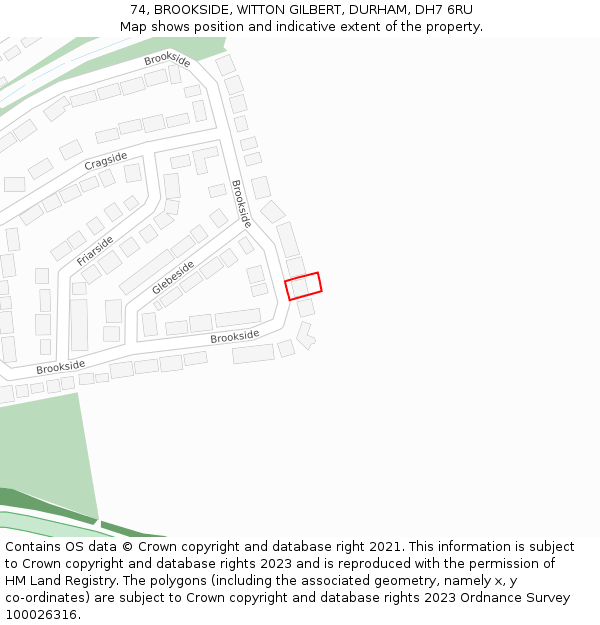 74, BROOKSIDE, WITTON GILBERT, DURHAM, DH7 6RU: Location map and indicative extent of plot