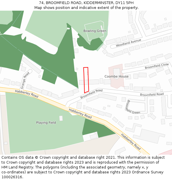 74, BROOMFIELD ROAD, KIDDERMINSTER, DY11 5PH: Location map and indicative extent of plot