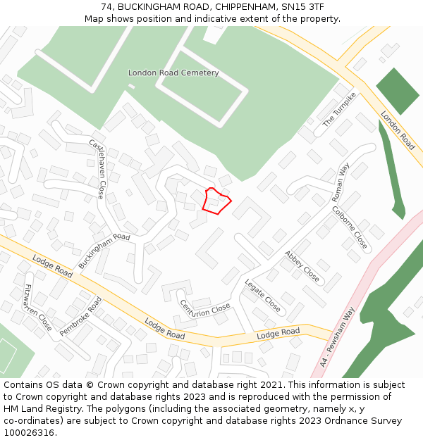 74, BUCKINGHAM ROAD, CHIPPENHAM, SN15 3TF: Location map and indicative extent of plot