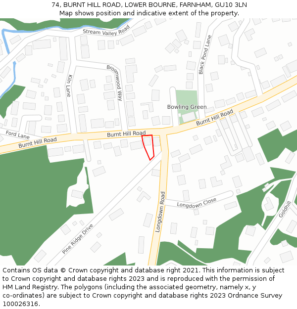 74, BURNT HILL ROAD, LOWER BOURNE, FARNHAM, GU10 3LN: Location map and indicative extent of plot