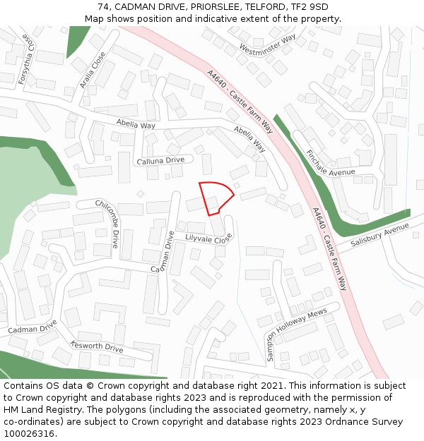 74, CADMAN DRIVE, PRIORSLEE, TELFORD, TF2 9SD: Location map and indicative extent of plot