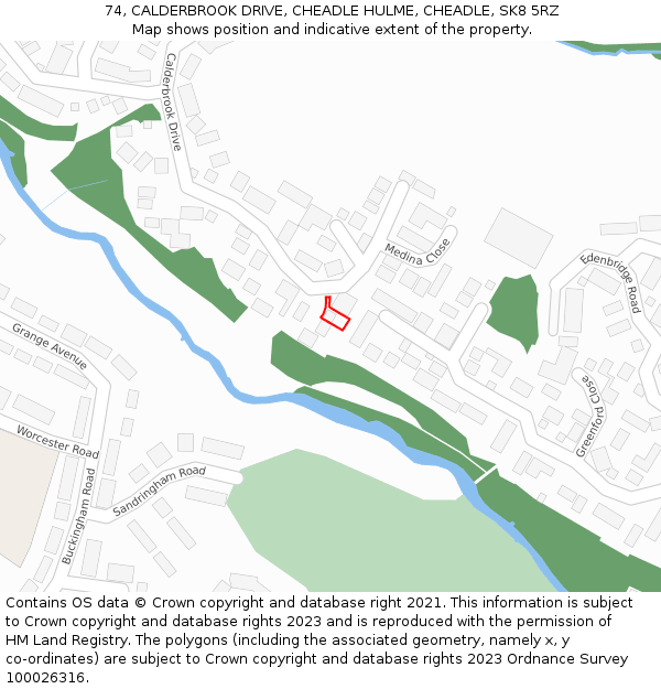 74, CALDERBROOK DRIVE, CHEADLE HULME, CHEADLE, SK8 5RZ: Location map and indicative extent of plot