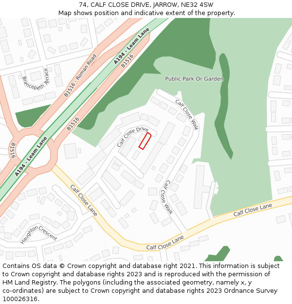 74, CALF CLOSE DRIVE, JARROW, NE32 4SW: Location map and indicative extent of plot