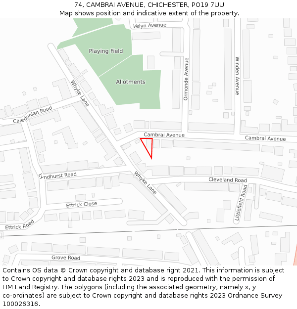74, CAMBRAI AVENUE, CHICHESTER, PO19 7UU: Location map and indicative extent of plot