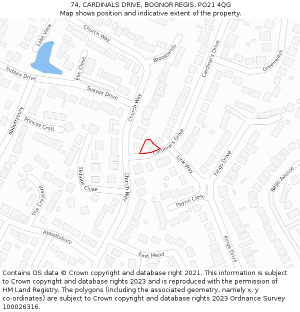 74, CARDINALS DRIVE, BOGNOR REGIS, PO21 4QG: Location map and indicative extent of plot