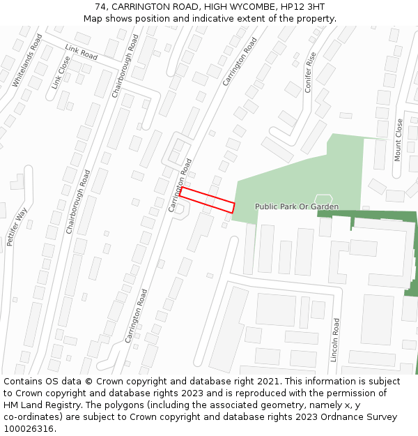 74, CARRINGTON ROAD, HIGH WYCOMBE, HP12 3HT: Location map and indicative extent of plot