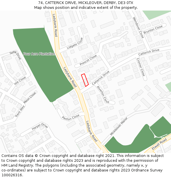 74, CATTERICK DRIVE, MICKLEOVER, DERBY, DE3 0TX: Location map and indicative extent of plot