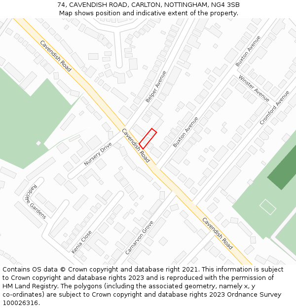 74, CAVENDISH ROAD, CARLTON, NOTTINGHAM, NG4 3SB: Location map and indicative extent of plot