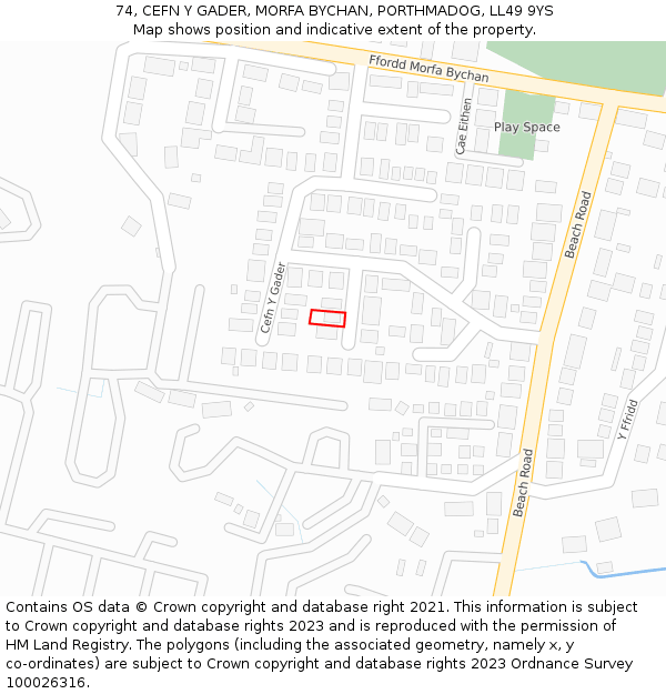 74, CEFN Y GADER, MORFA BYCHAN, PORTHMADOG, LL49 9YS: Location map and indicative extent of plot