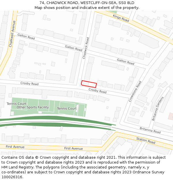 74, CHADWICK ROAD, WESTCLIFF-ON-SEA, SS0 8LD: Location map and indicative extent of plot