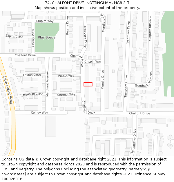 74, CHALFONT DRIVE, NOTTINGHAM, NG8 3LT: Location map and indicative extent of plot