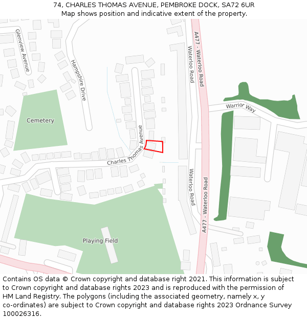 74, CHARLES THOMAS AVENUE, PEMBROKE DOCK, SA72 6UR: Location map and indicative extent of plot