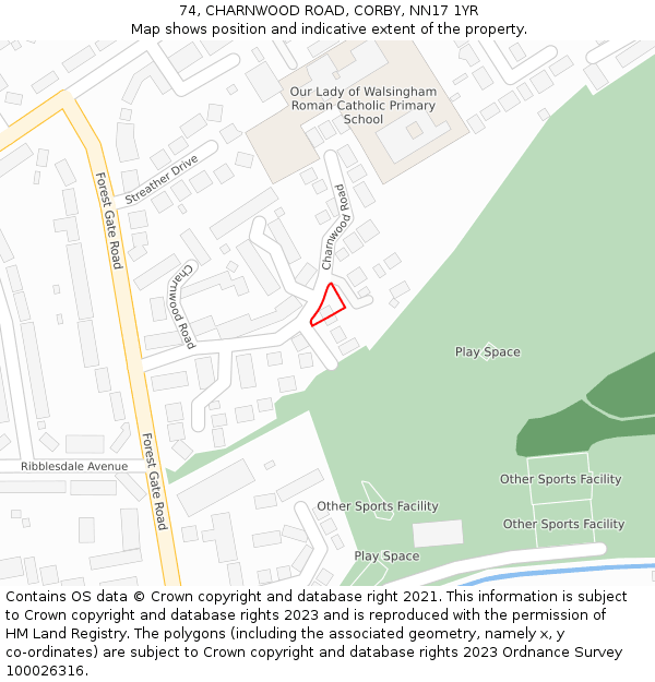 74, CHARNWOOD ROAD, CORBY, NN17 1YR: Location map and indicative extent of plot