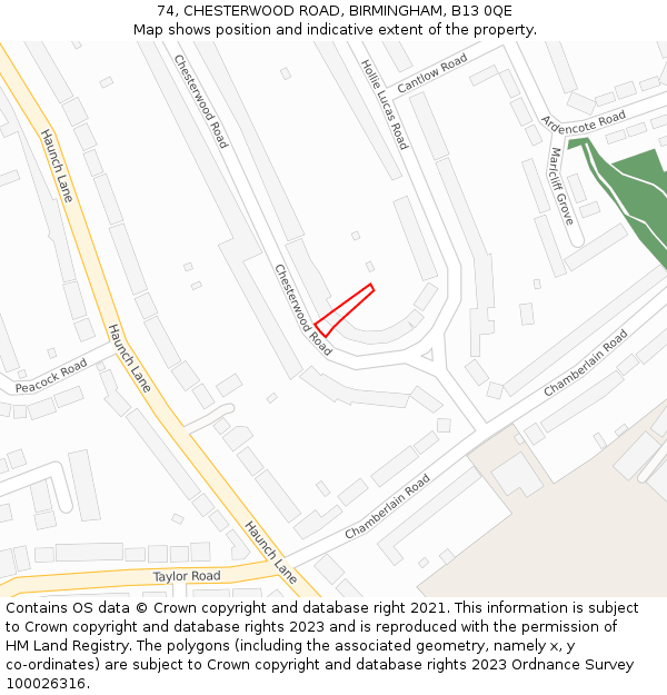 74, CHESTERWOOD ROAD, BIRMINGHAM, B13 0QE: Location map and indicative extent of plot