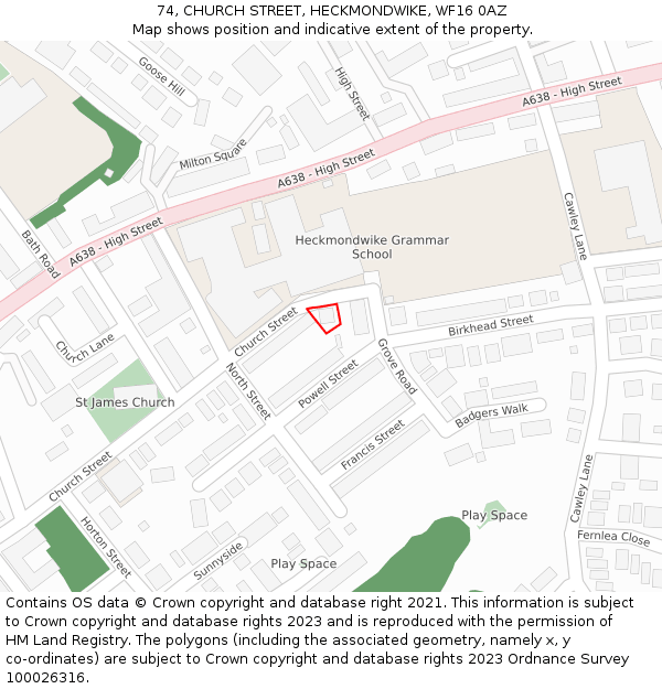 74, CHURCH STREET, HECKMONDWIKE, WF16 0AZ: Location map and indicative extent of plot