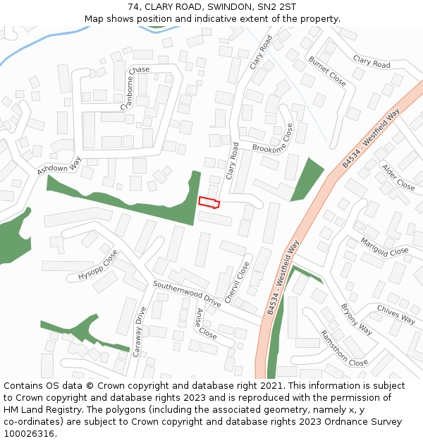 74, CLARY ROAD, SWINDON, SN2 2ST: Location map and indicative extent of plot