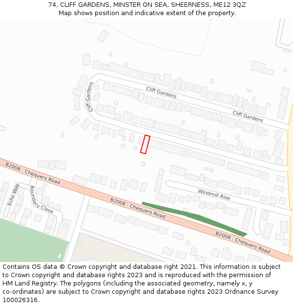74, CLIFF GARDENS, MINSTER ON SEA, SHEERNESS, ME12 3QZ: Location map and indicative extent of plot