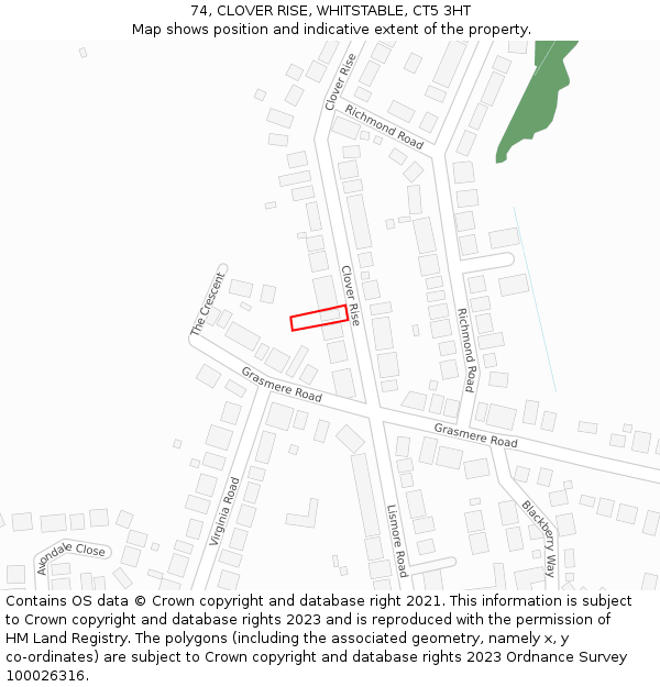 74, CLOVER RISE, WHITSTABLE, CT5 3HT: Location map and indicative extent of plot