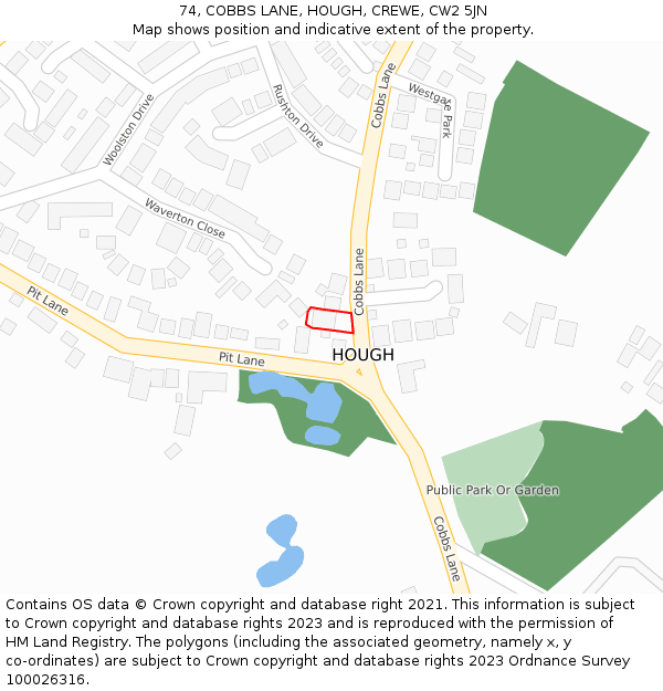 74, COBBS LANE, HOUGH, CREWE, CW2 5JN: Location map and indicative extent of plot