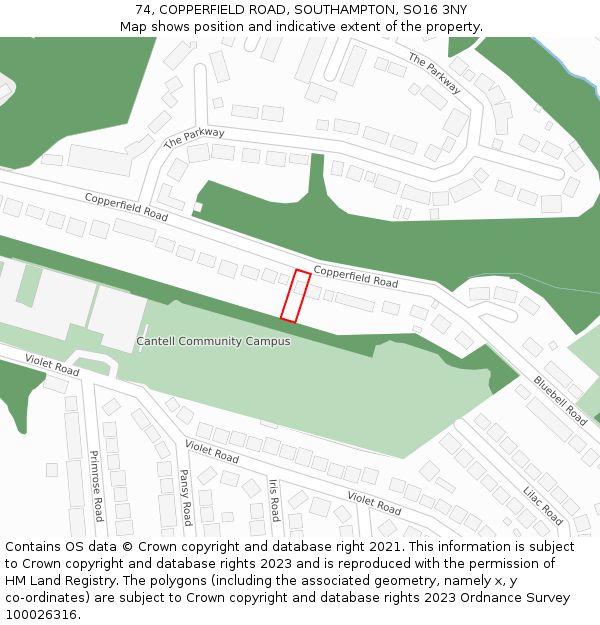 74, COPPERFIELD ROAD, SOUTHAMPTON, SO16 3NY: Location map and indicative extent of plot