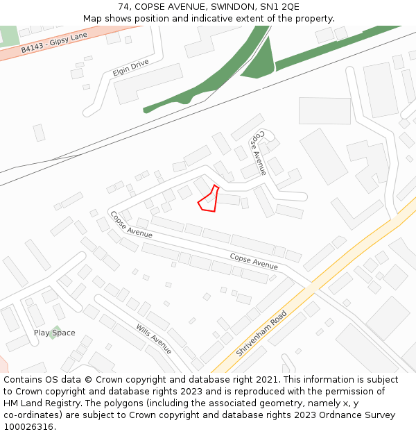 74, COPSE AVENUE, SWINDON, SN1 2QE: Location map and indicative extent of plot