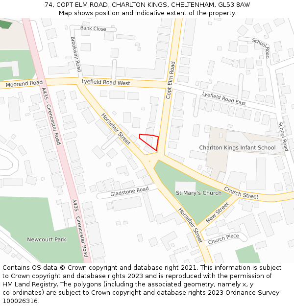 74, COPT ELM ROAD, CHARLTON KINGS, CHELTENHAM, GL53 8AW: Location map and indicative extent of plot