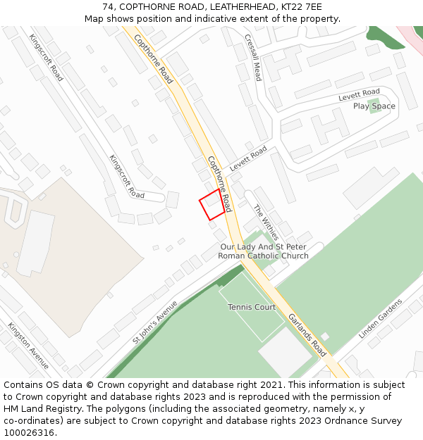 74, COPTHORNE ROAD, LEATHERHEAD, KT22 7EE: Location map and indicative extent of plot