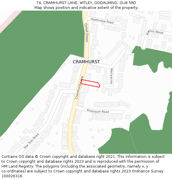 74, CRAMHURST LANE, WITLEY, GODALMING, GU8 5RD: Location map and indicative extent of plot