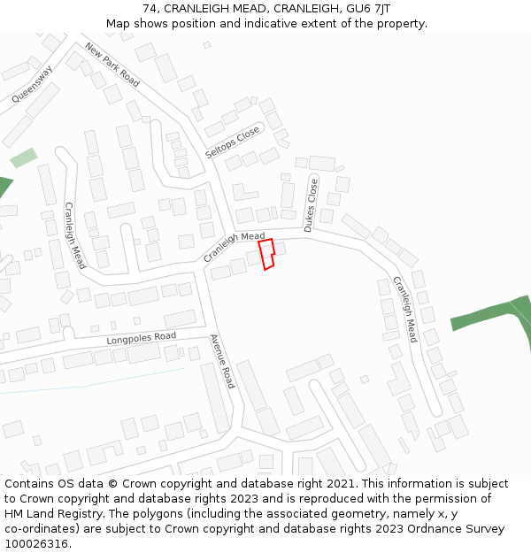 74, CRANLEIGH MEAD, CRANLEIGH, GU6 7JT: Location map and indicative extent of plot
