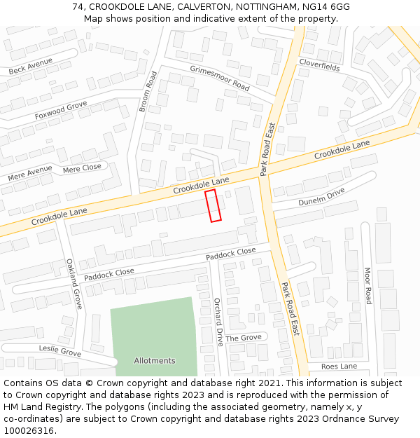 74, CROOKDOLE LANE, CALVERTON, NOTTINGHAM, NG14 6GG: Location map and indicative extent of plot