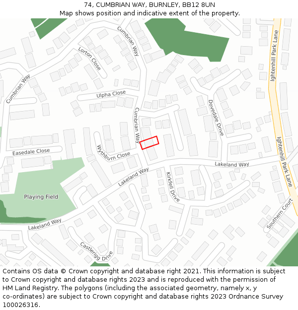 74, CUMBRIAN WAY, BURNLEY, BB12 8UN: Location map and indicative extent of plot