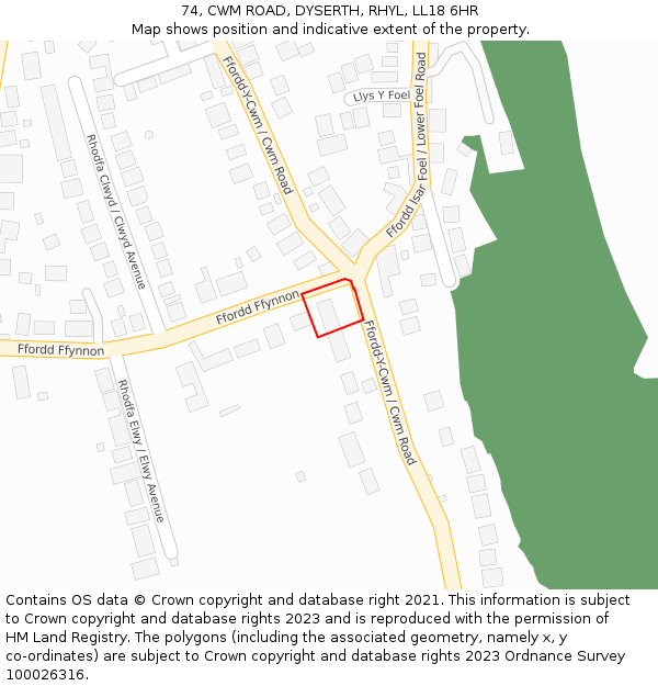 74, CWM ROAD, DYSERTH, RHYL, LL18 6HR: Location map and indicative extent of plot