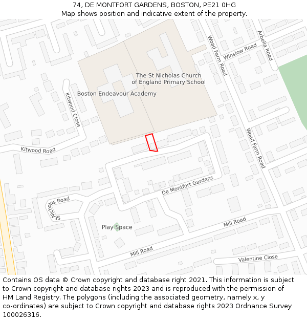 74, DE MONTFORT GARDENS, BOSTON, PE21 0HG: Location map and indicative extent of plot