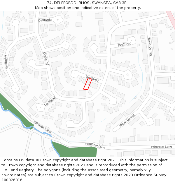 74, DELFFORDD, RHOS, SWANSEA, SA8 3EL: Location map and indicative extent of plot