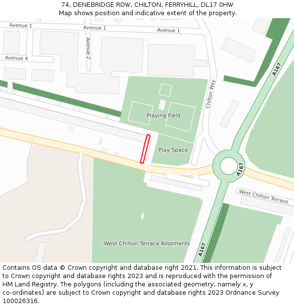74, DENEBRIDGE ROW, CHILTON, FERRYHILL, DL17 0HW: Location map and indicative extent of plot