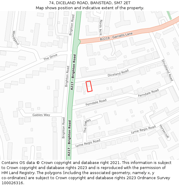 74, DICELAND ROAD, BANSTEAD, SM7 2ET: Location map and indicative extent of plot