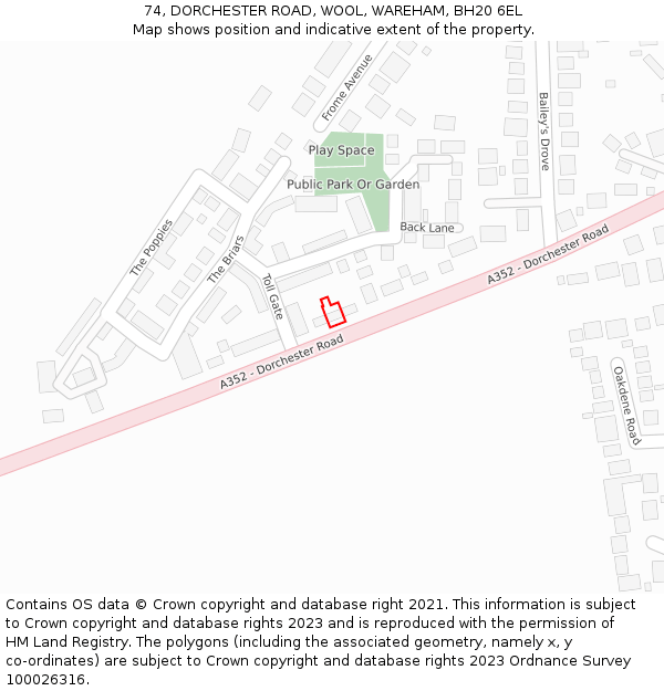 74, DORCHESTER ROAD, WOOL, WAREHAM, BH20 6EL: Location map and indicative extent of plot