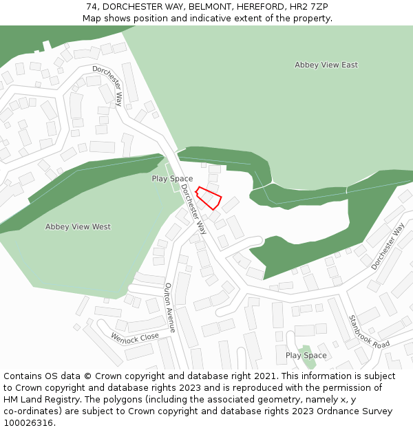 74, DORCHESTER WAY, BELMONT, HEREFORD, HR2 7ZP: Location map and indicative extent of plot