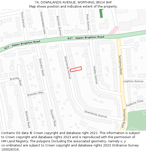 74, DOWNLANDS AVENUE, WORTHING, BN14 9HF: Location map and indicative extent of plot