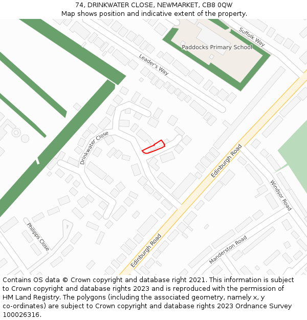 74, DRINKWATER CLOSE, NEWMARKET, CB8 0QW: Location map and indicative extent of plot