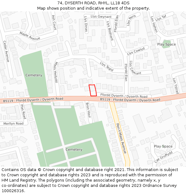 74, DYSERTH ROAD, RHYL, LL18 4DS: Location map and indicative extent of plot