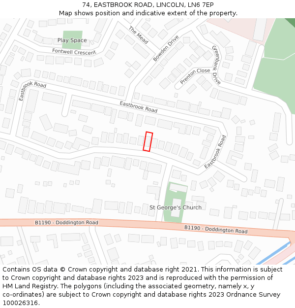 74, EASTBROOK ROAD, LINCOLN, LN6 7EP: Location map and indicative extent of plot