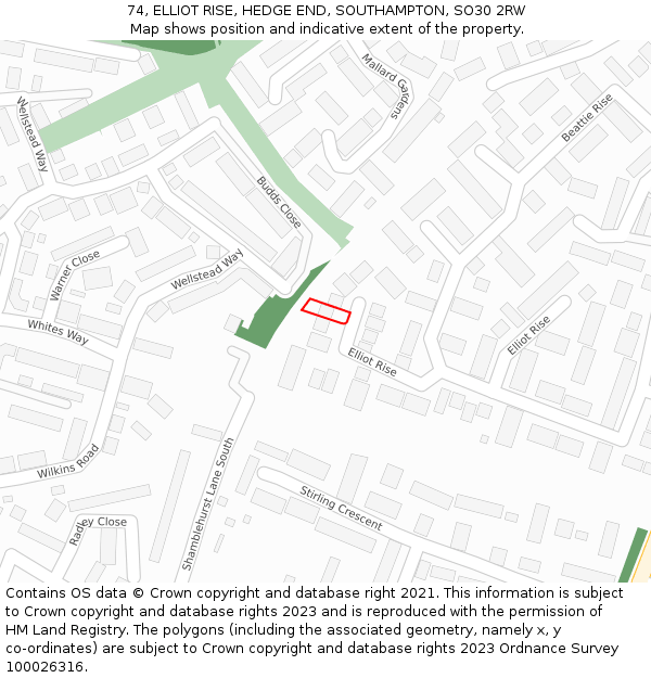 74, ELLIOT RISE, HEDGE END, SOUTHAMPTON, SO30 2RW: Location map and indicative extent of plot