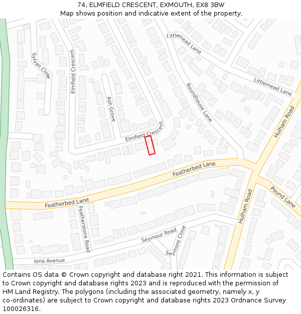 74, ELMFIELD CRESCENT, EXMOUTH, EX8 3BW: Location map and indicative extent of plot