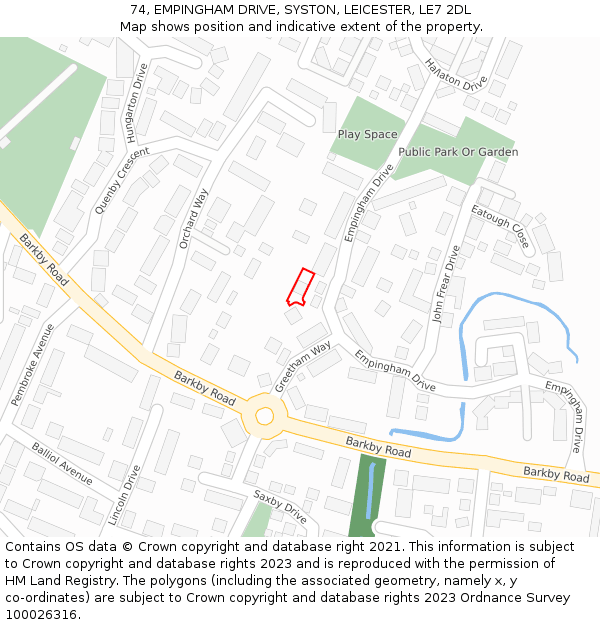 74, EMPINGHAM DRIVE, SYSTON, LEICESTER, LE7 2DL: Location map and indicative extent of plot